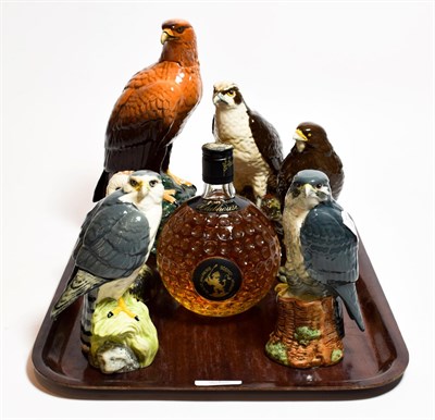 Lot 1 - Five Whyte and Mackay bird from decanters by Royal Doulton, a small owl form decanter and a...