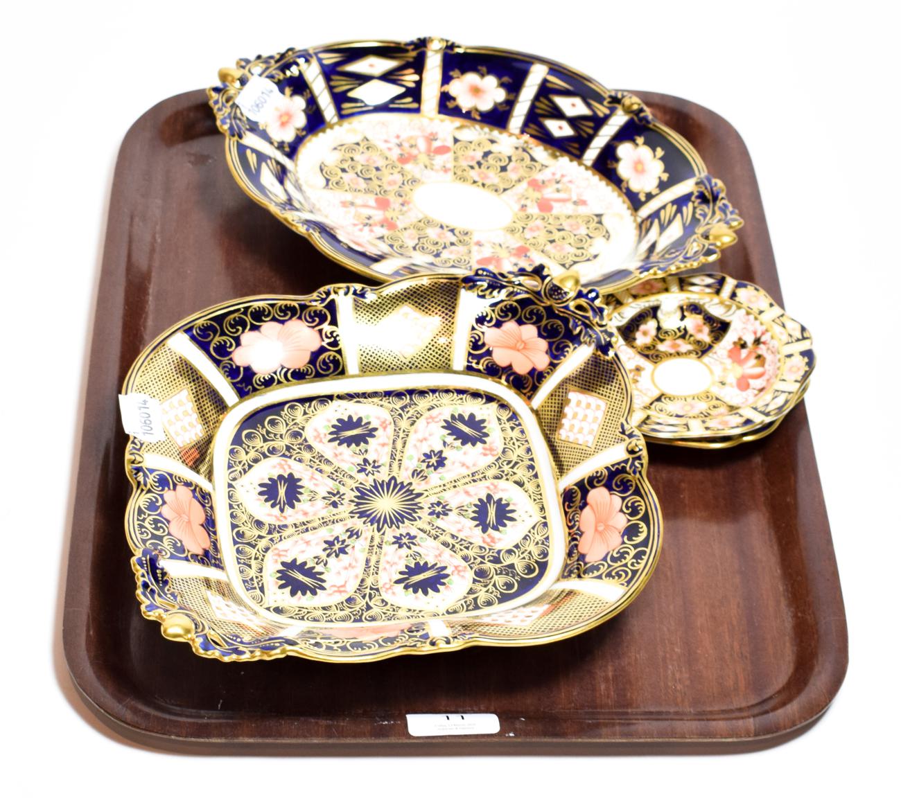 Lot 11 - Two royal crown derby Imari decorated dishes and two small dishes
