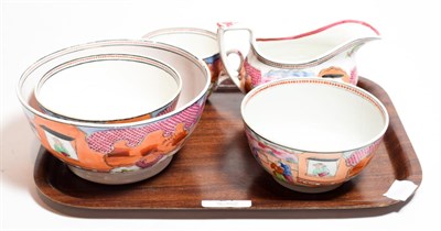 Lot 21 - A small quantity of New Hall Man In The Window pattern porcelain bowls, tea cup, and milk jug, (5)