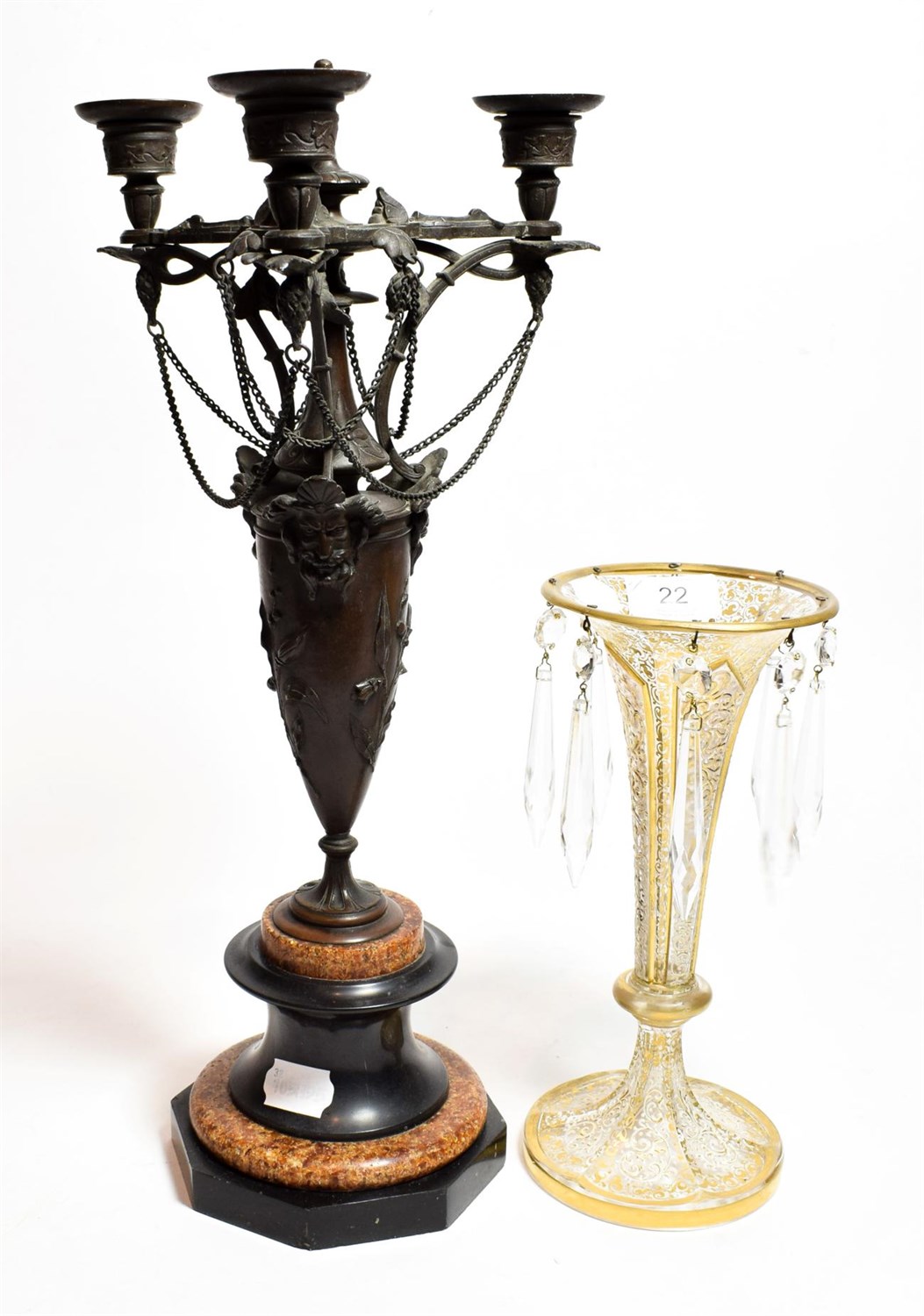 Lot 22 - A 19th century bronze three light candelabra on a circular rouge marble and slate base,...