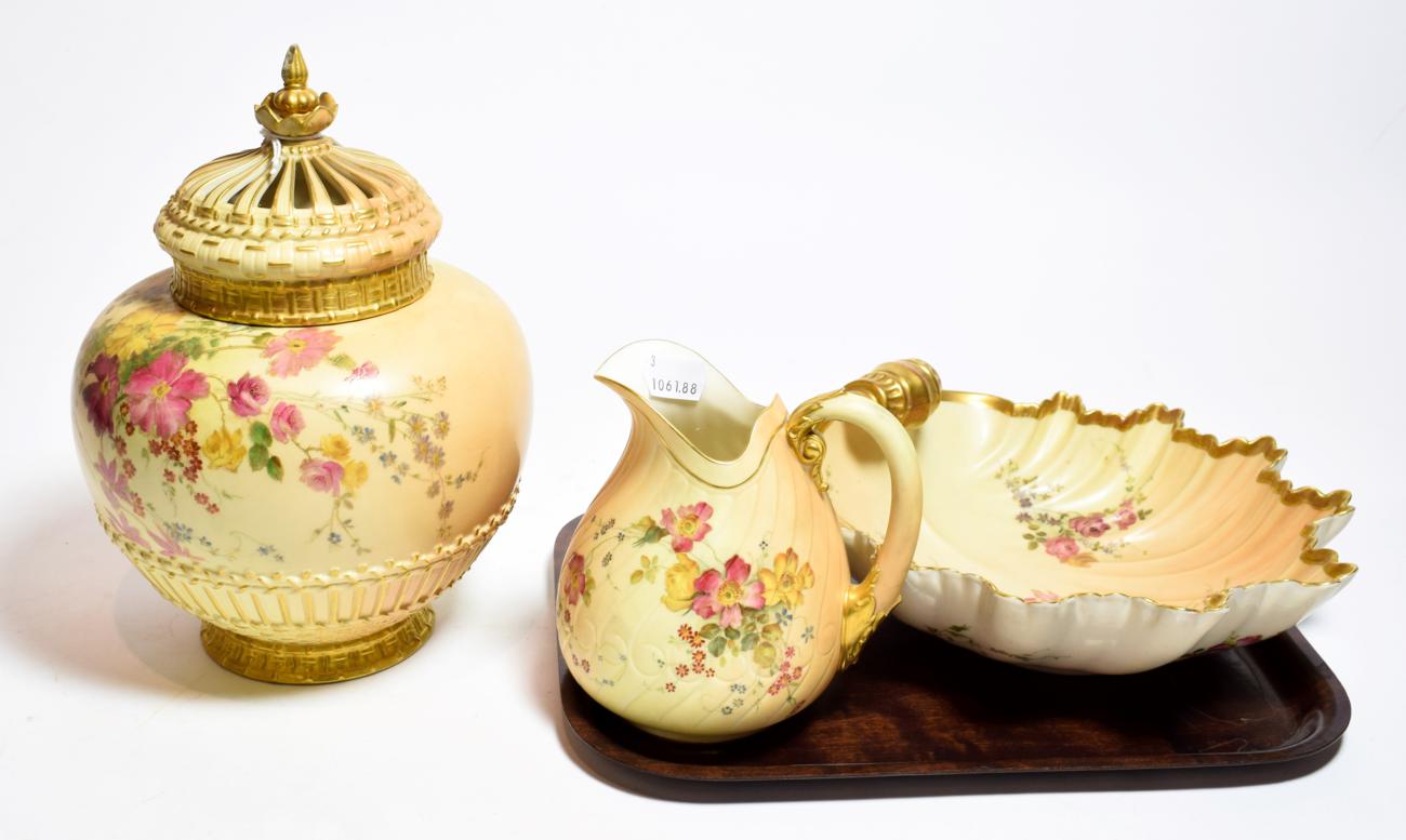 Lot 25 - Royal Worcester blush ivory pot pourri urn and cover (af) a similar leaf shaped bowl and a jug