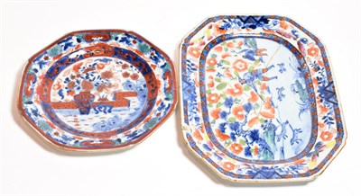 Lot 29 - An 18th century Chinese octagonal clobbered platter, hunt scene, 31cm long, (a.f.) together...