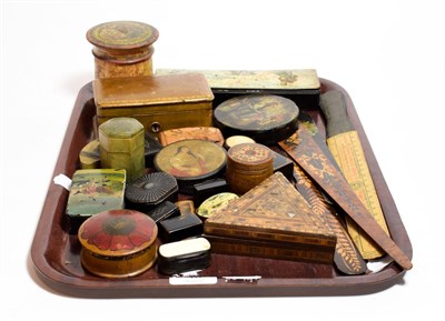 Lot 40 - A group of Georgian and later papier mache treen and other snuff boxes, trinket boxes, page...