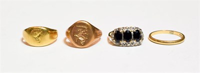 Lot 47 - A 9 carat gold signet ring, finger size M (marks rubbed but visible); a 9 carat gold band ring,...