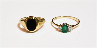 Lot 50 - A 9 carat gold emerald and diamond three stone ring, finger size Q; and a 9 carat gold...