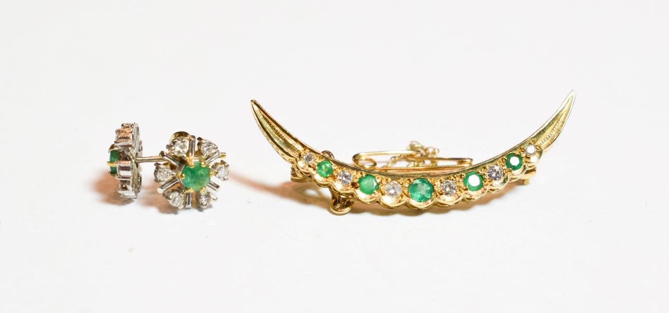 Lot 58 - A 9 carat gold emerald and diamond crescent brooch, length 4.5cm; and a pair of 18 carat gold...