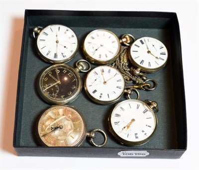 Lot 61 - Five silver cased pocket watches, plated pocket watch and a military pocket watch, case back...