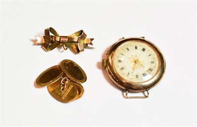 Lot 66 - A converted wristwatch, case stamped 14k and a pair of 9 carat gold cufflink's and 9 carat gold...