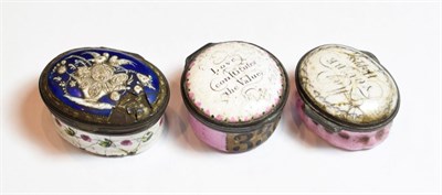 Lot 82 - Three late 18th century enamel patch pots, including 'Love Constitutes the Value' motto...