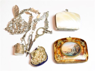 Lot 83 - A tortoiseshell purse; a mother-of-pearl purse; and a chatelaine