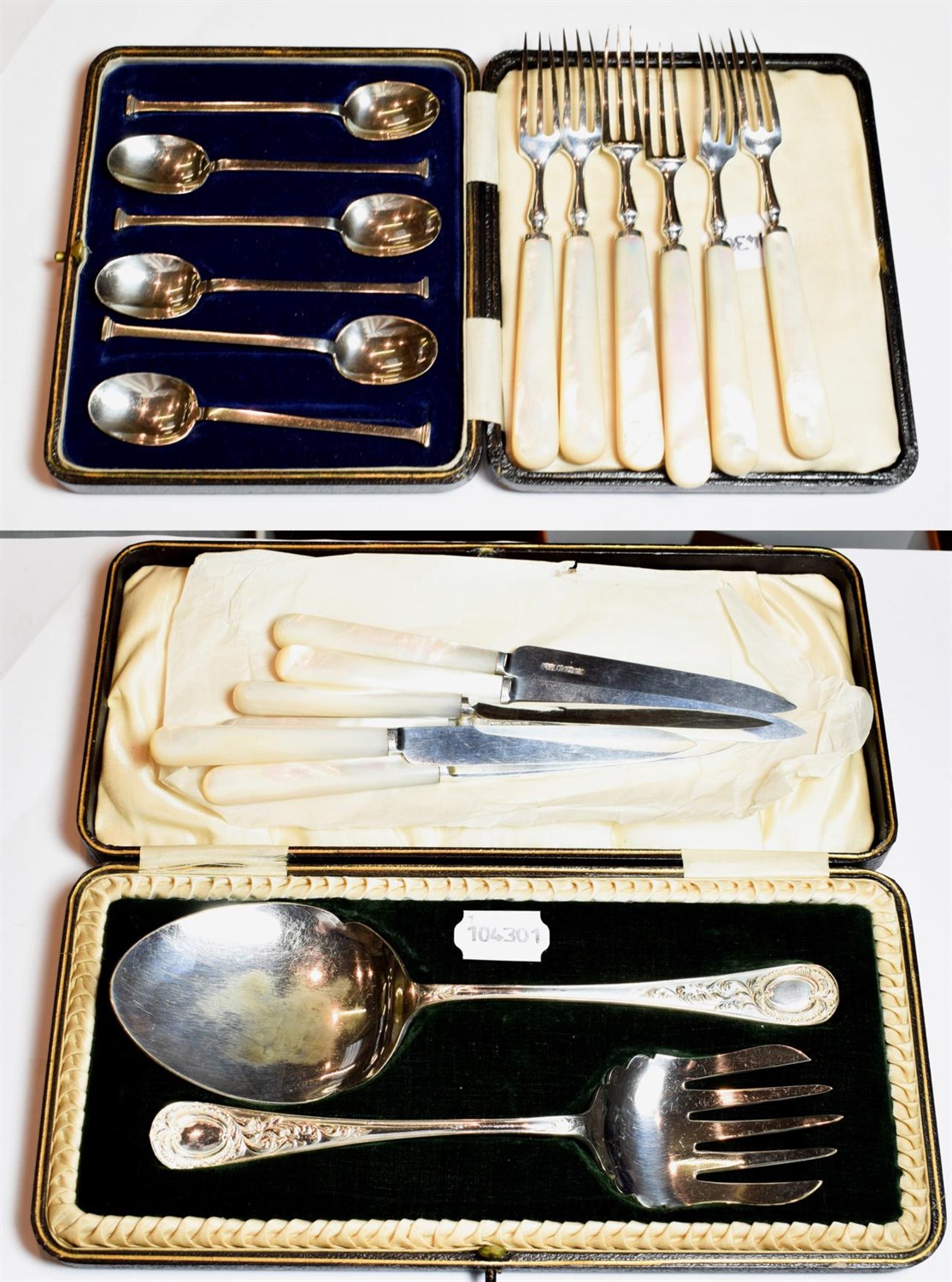 Lot 93 - A set of silver and mother of pearl handled cake knives and forks, Sheffield, by Atkins;...