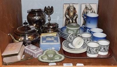 Lot 102 - A collection of silver plate and ceramics including: Wedgewood boxes and covers; a part coffee set