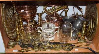 Lot 120 - A set of six graduated pewter tankards, two copper kettles including a copper samorar, together...