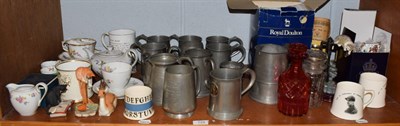 Lot 129 - A collection of pewter tankards, derby tankard with a 'Coaching scene', assorted Royal Crown...