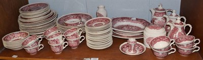Lot 131 - A collection of Mason's Ironstone Vista pattern dinner wares with transfer printed pink...