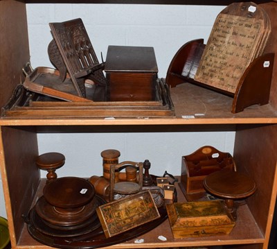 Lot 141 - A quantity of treen including miniature tripod tables, painted boxes, inlaid trays, Gothic...