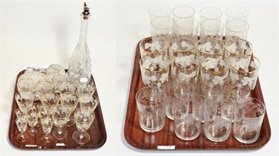 Lot 143 - A 19th century cut glass decanter with plated pourer; two cut glass boxes and covers; a set of...