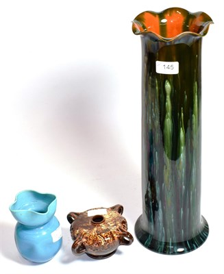 Lot 145 - A Linthorpe pottery vase, with wavy rim, green glaze, impressed LINTHORPE 2182, 45.5cm; a Linthorpe