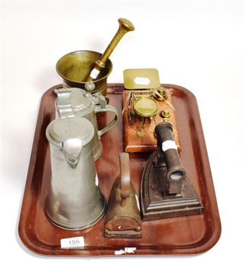 Lot 155 - A 19th century German pewter lidded jug and stein; a set of postal scales with weights; a...