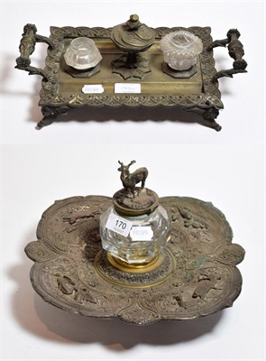 Lot 170 - A large 19th century silver plated repousee deskstand, in the manner of Elkington, the glass...