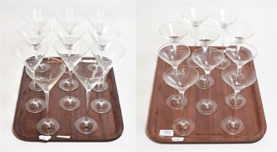 Lot 173 - A part suite of Italian Murano glass cocktail & champagne glasses (two trays)