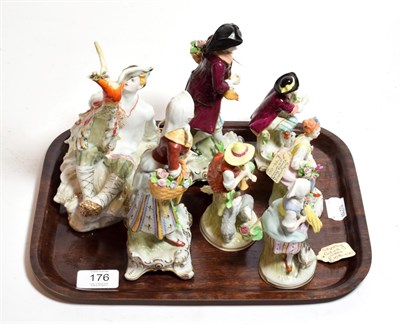 Lot 176 - Six 19th century Sitzendorf porcelain figures together with a Russian Lomonosov figure of The...