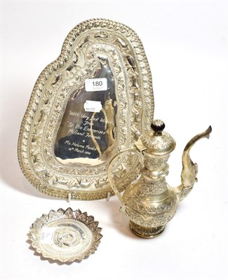 Lot 180 - A Sri Lankan white metal presentation dish; together with a boxed Sri Lankan white metal coffee pot