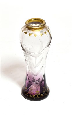 Lot 193 - An Art Nouveau Moser glass vase, cut with a lily, clear and amethyst glass with gilt...