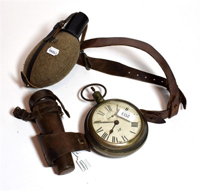 Lot 203 - A German oversized pocket watch, a leather cased hunting flask; and a military water flask on a...