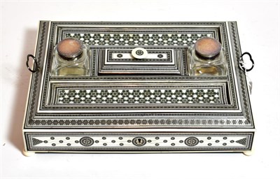 Lot 216 - A mid 19th century Anglo-Indian Vizagapatam ivory and micro-mosaic work desk stand, of...