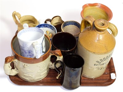 Lot 230 - Various 19th century English pottery tankards, jugs and a stoneware tyg, including Doulton,...