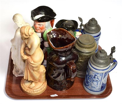 Lot 231 - Three 19th century Toby jugs, three German beer steins and two other figures (8) (a.f.)