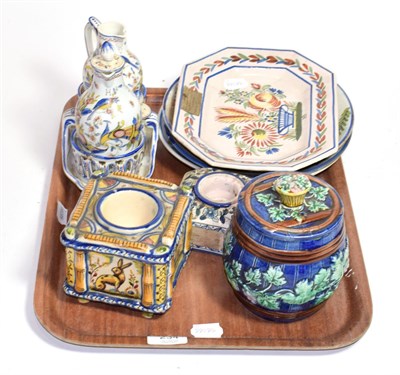 Lot 234 - Assorted 19th century French faience wares, together with two tin glazed inkwells, a majolica...