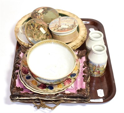 Lot 236 - Three 19th century Sunderland lustre plaques, together with Prattware pot lids etc (a.f.) (qty)