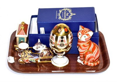 Lot 245 - Royal Crown Derby Imari: Ginger cat, Playful Kitten, miniature wheelbarrow, miniature twin...