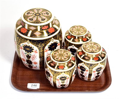 Lot 246 - A large Royal Crown Derby Imari ginger jar and cover together with a set of three smaller...