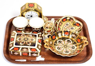 Lot 260 - Royal Crown Derby Imari: a mantel clock, pair of vases, box and cover, miniature tea pot and...