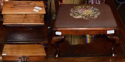 Lot 271 - Early 20th Century Walnut foot stool, mahogany hinged box, 18th century small box and a olive...