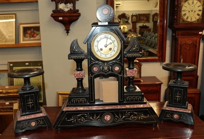 Lot 273 - A black slate and marble striking clock garniture, circa 1878