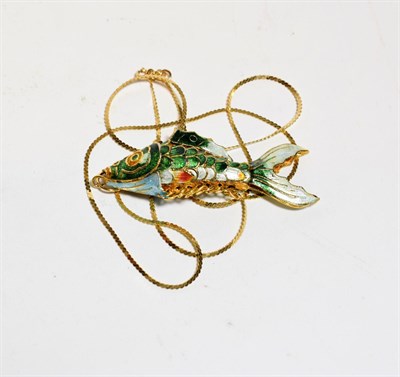 Lot 294 - An enamel articulated fish pendant on chain, clasp stamped '14K', pendant length 7.2cm, chain...