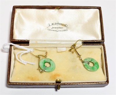 Lot 295 - A pair of jade drop earrings, length 5.1cm