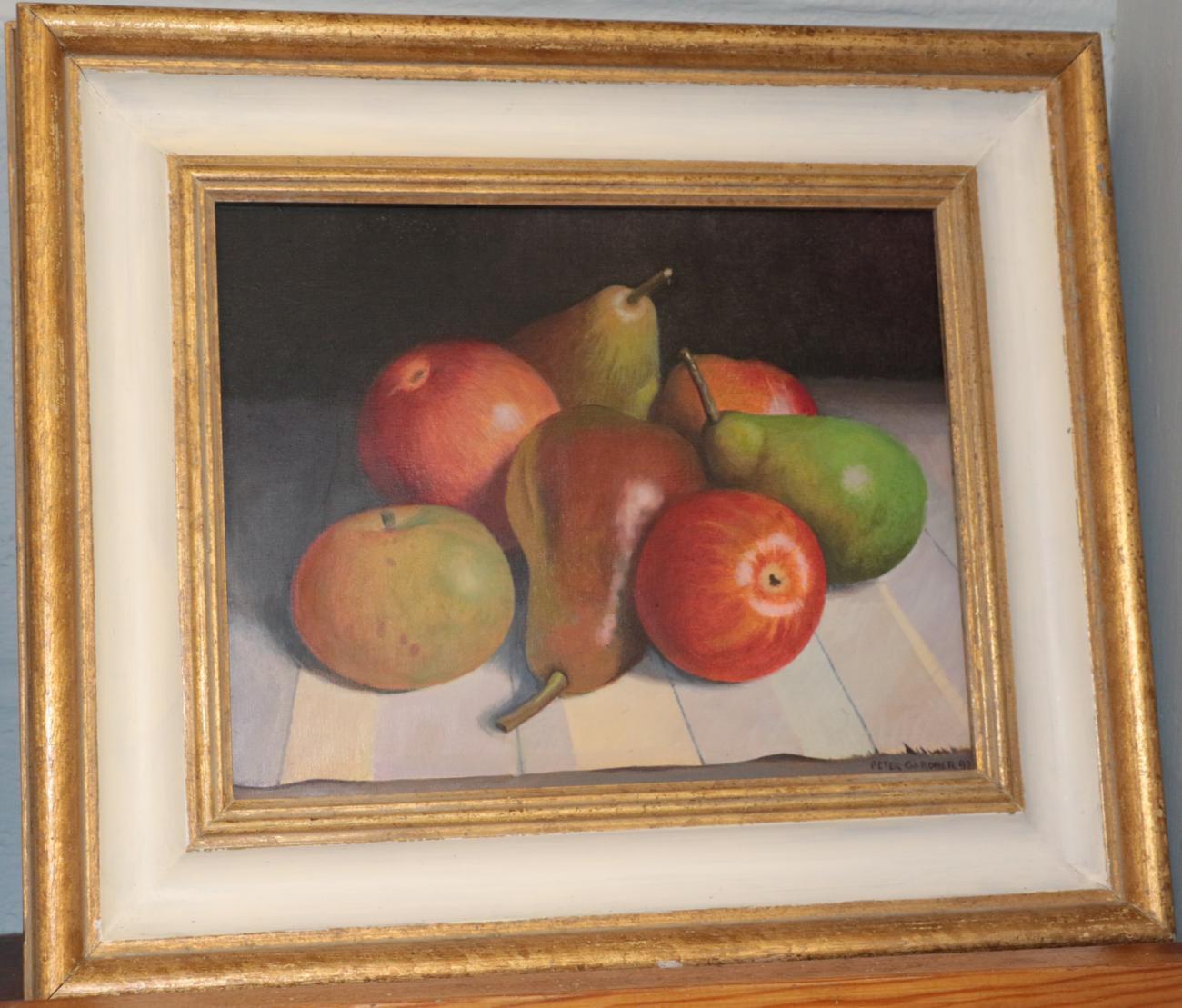 Lot 1013 - Peter Gardner, Still life of apples & pears, Signed and dated (19)97 oil on board, 18.5cm by 24cm