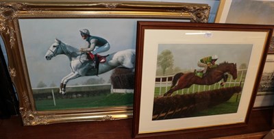Lot 1017 - M. Speight (Contemporary) Desert Orchid clearing a fence, signed oil on canvas; together with a...