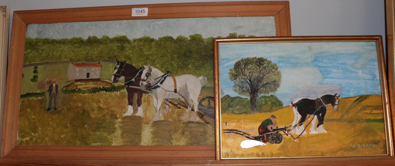 Lot 1045 - William E.Leng (20th century) Two ploughing scenes, signed, oil on board, 29cm by 59cm; 24.5cm...