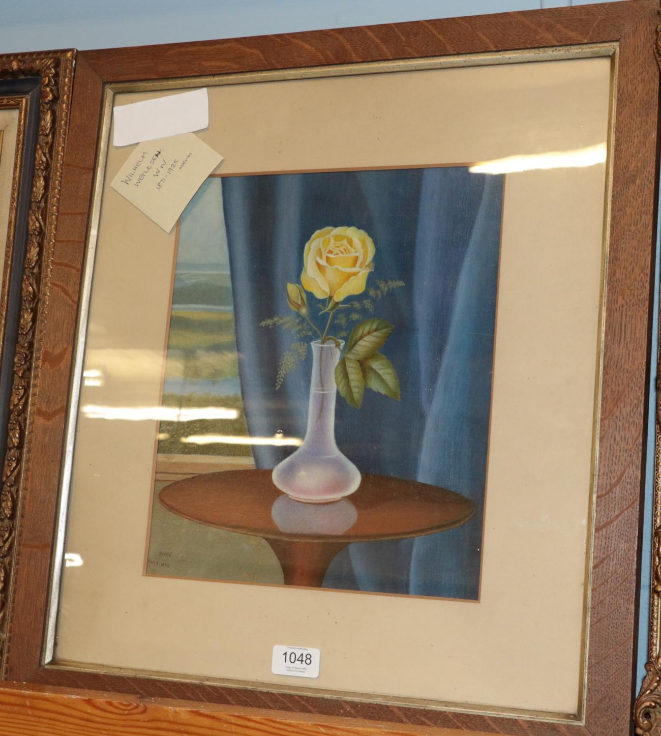 Lot 1048 - Attributed to Wilhelm Wetlesen (1871-1925) Norwegian, still life of a yellow rose before a blue...