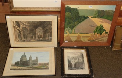 Lot 1059 - After Paul Nash, rural landscape, colour print; together with a pair of York Minster hand...