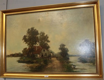 Lot 1061 - H(?) de Vogel (20th century) River landscape with figure, cottage and cattle, signed, oil on...