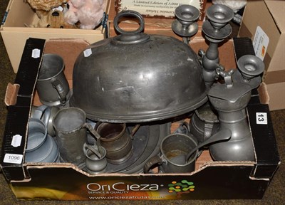 Lot 1096 - A quantity of 19th century and later pewter including candelabra, meat dome, plates and...