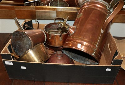Lot 1111 - Quantity of brass and copper including twin handled urn, labelled W.George Ironmonger, Ripon