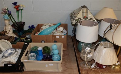 Lot 1113 - Four boxes of household ceramics and glass together with seven table lamps